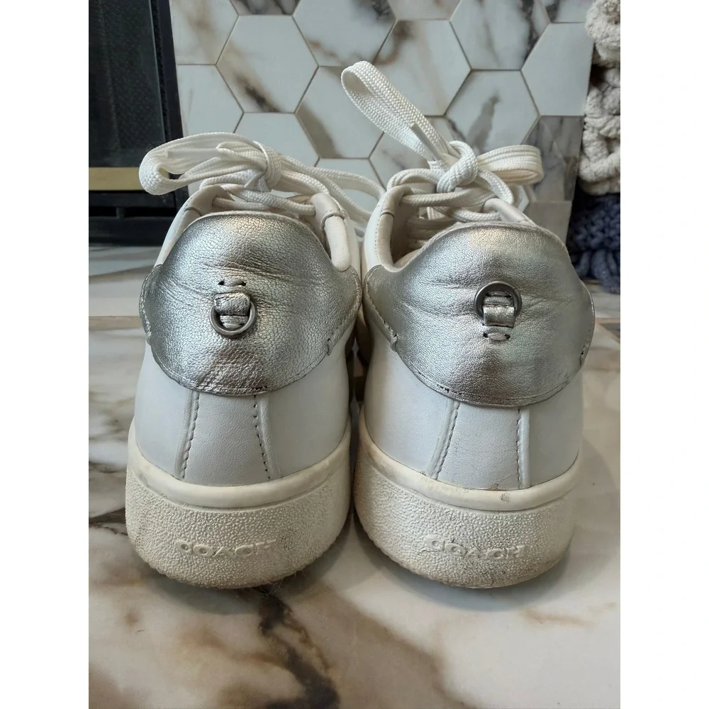 Coach C101 Sneakers Womens 10B White Silver Metallic Leather Low Top G3330